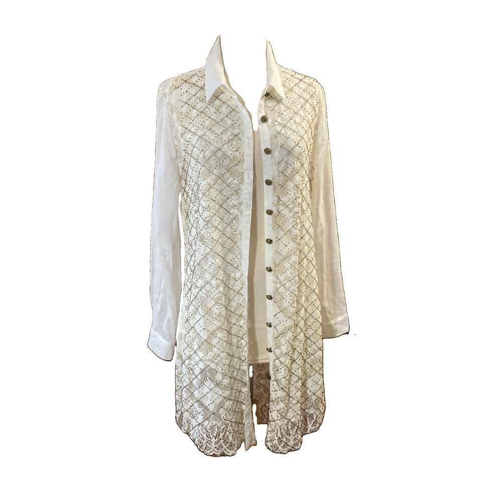 Aratta Silent Journey Beaded Lace Dress Sz M White Silver Sheer Button Up Duster